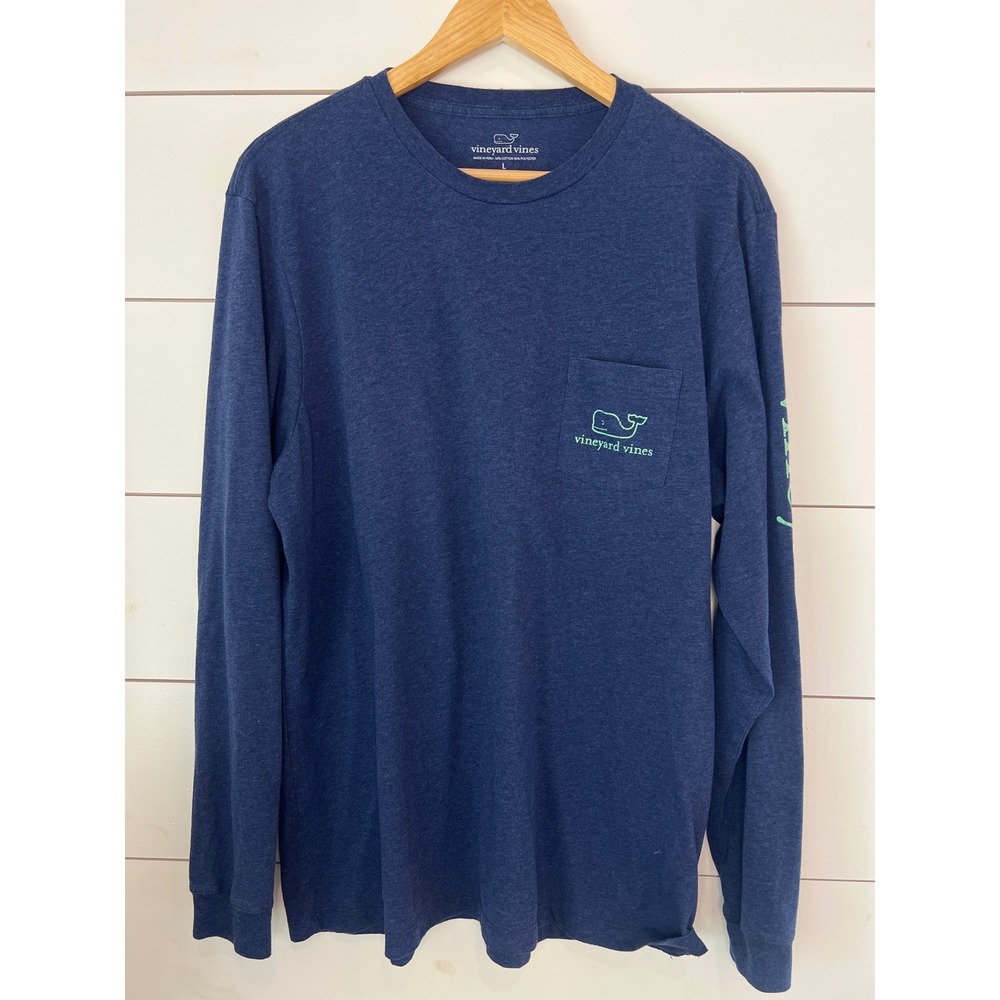 Vineyard Vines Mens Long Sleeve Pocket T-Shirt Blue Heather Whale Logo Large